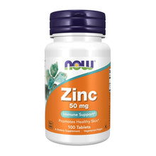 Zinc 50 mg supplement bottle with NOW label and orange 'Immune Support' panel