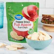 Freeze-dried Fuji apple fruit crisps pouch with bowl of dried apple slices