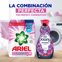 Laundry detergent powder bag with ARIEL and Downy plus purple liquid bottle