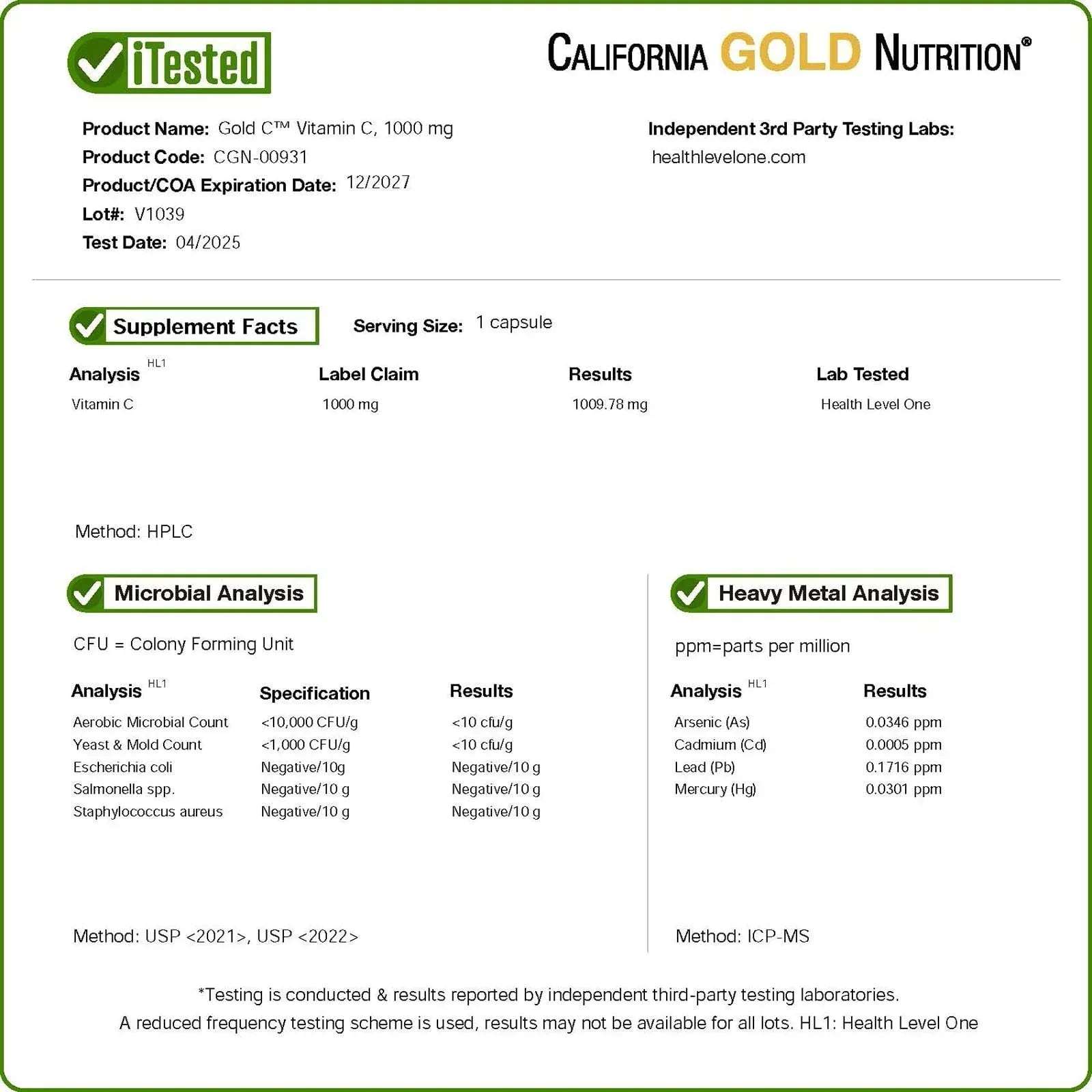 California Gold Nutrition Gold C®, USP Grade Vitamin C, 1,000 mg, 60 Veggie Capsules