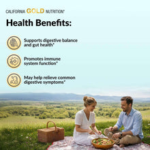 Probiotic supplement card showing health benefits text and two people outdoors