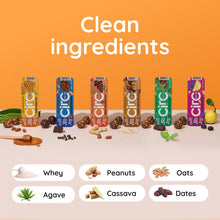 Energy bite clean ingredients lineup with seven flavor pouches and ingredient icons
