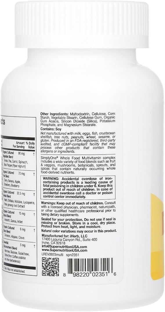 Super Nutrition, SimplyOne®, Whole Food Multivitamin with Vitamin A, C, Minerals, and Enzymes, 90 Tablets