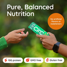 Energy bite bar in green wrapper held in hands with icons for 10g protein and gluten free