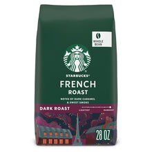 Starbucks French Roast whole bean coffee bag, dark roast, green with purple artwork