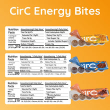 Energy bite nutrition info panel with resealable bar packs and nutrition tables
