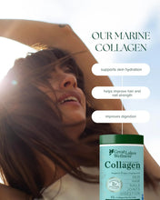 Marine collagen supplement bottle with woman background; product label shows Collagen