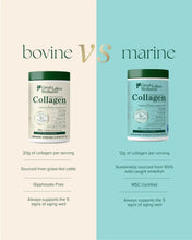 Collagen product label front and side-by-side size comparison with unflavored claim