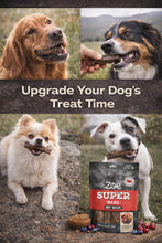 Dog treat bars promotional card with Zoë Super Bars bag and pictured dogs