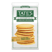 Tate's gluten-free lemon cookie pack with stacked round yellow cookies