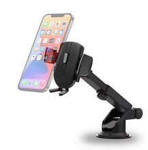 Black car phone mount holding a smartphone in vertical position