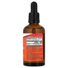 Liquid Vitamin D-3 bottle back label view, amber bottle with black dropper cap