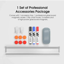 Glass whiteboard accessories set with markers, eraser, magnets, hooks, and marker tray