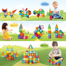 Colorful transparent magnetic tiles arranged into star and castle shapes