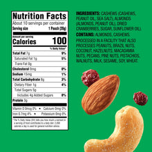 Nutrition facts panel for 100-calorie snack pack with cashew and dried cranberry images