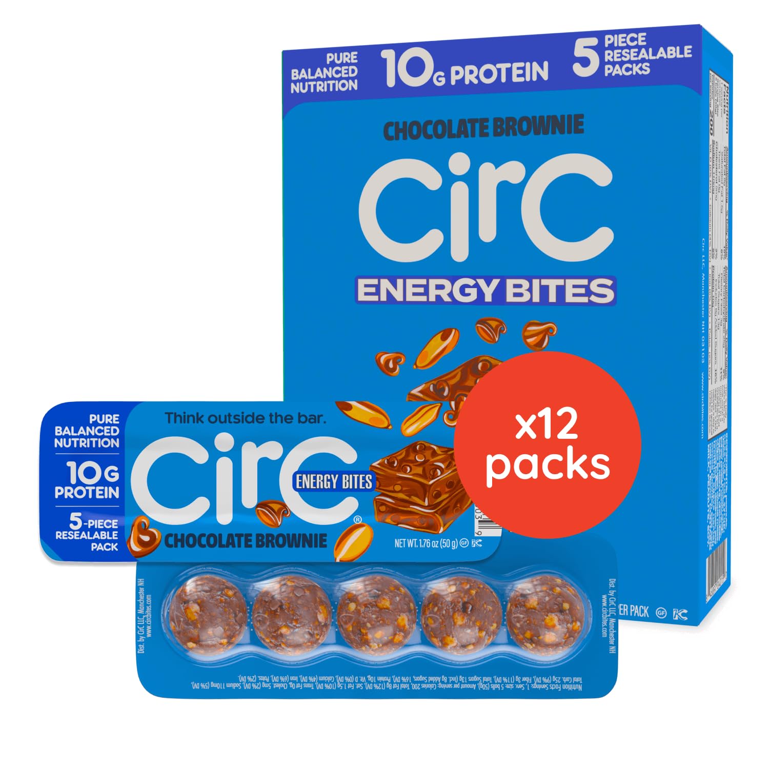 CirC Energy Bites - 12 Pack Peanut Chocolate Chip Gluten Free Protein Balls - 10g Protein, Whole Grains, Nuts & Fruit - Portable Healthy Snacks for Adults & Kids.