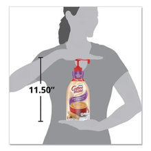 Coffee creamer pump bottle with height-size graphic, beige bottle and red pump