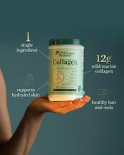 Collagen peptides jar with green lid; supports skin, hair, nails and digestion