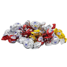 Assorted foil-wrapped truffle chocolates in red, silver, and gold wrappers