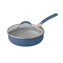 Blue ceramic stockpot with stainless interior, lid, and loop handles