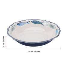 Round serve bowl with blue fish pattern, 14 in diameter and 2.7 in height