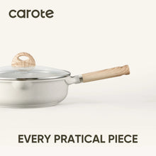 Nonstick saucepan with matching lid and beige-speckled surface, wood-look stay-cool handle