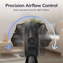 Black floor fan with multi-direction pivot head, shown with airflow pattern graphic