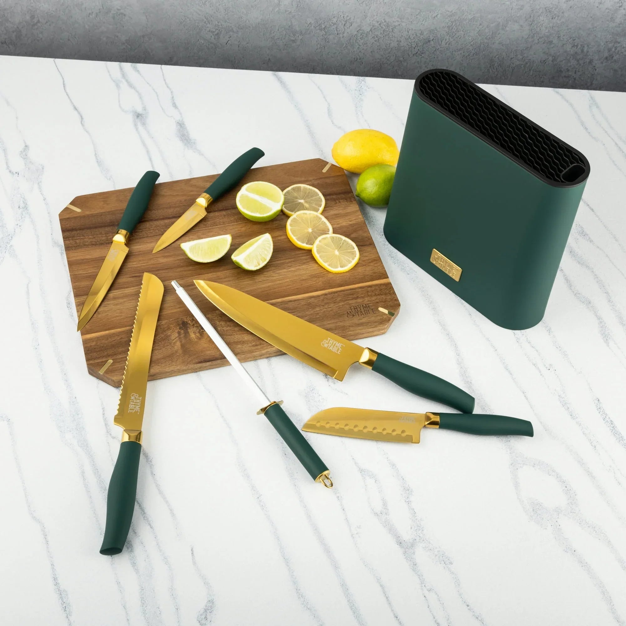 Thyme & Table 7-Piece Slim Block Knife Set with Gold Blades and Blue Block