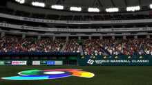 Baseball field view with World Baseball Classic logo on the grass