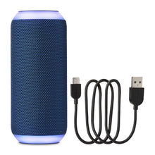Navy Bluetooth speaker with blue LED base and USB charging cable set