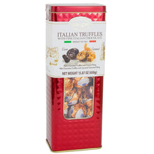 Red truffle chocolate tin with front label and clear window