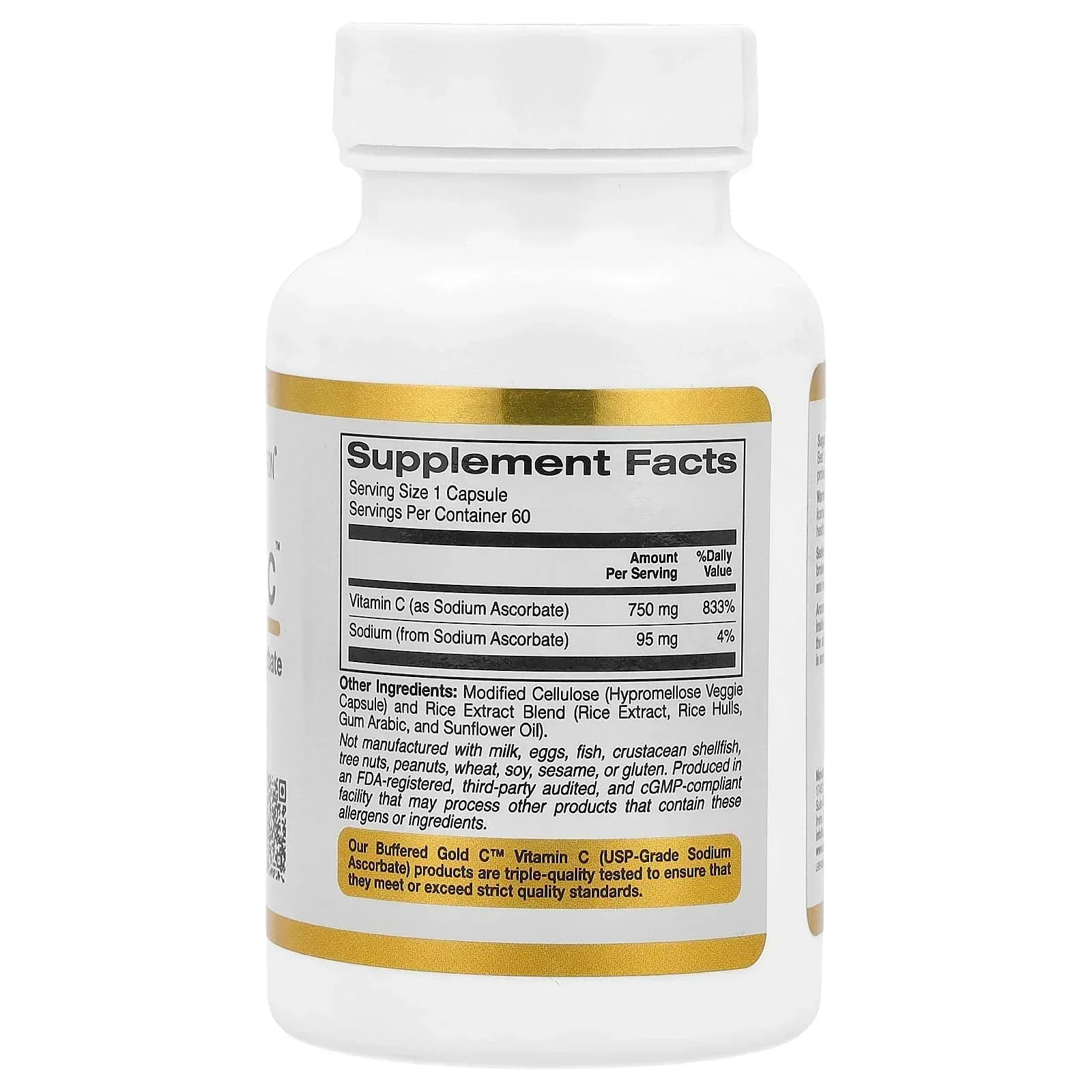 California Gold Nutrition Buffered Gold C, Gold Standard Sodium Ascorbate (Vitamin C), 60 Veggie Capsules