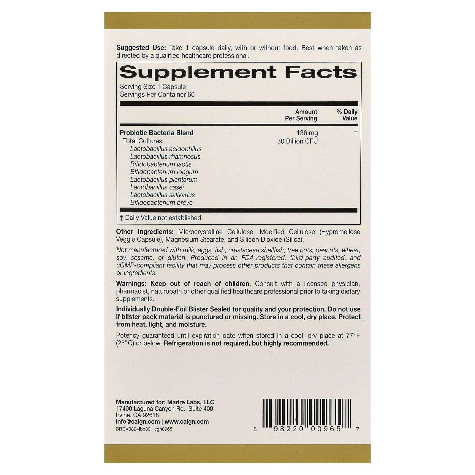 California Gold Nutrition LactoBif® 30 Probiotics, 30 Billion CFU, 60 Veggie Capsules