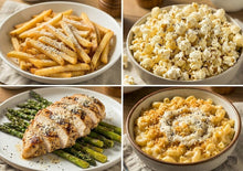 Seasoned food dishes: fries, pasta, chicken, and asparagus