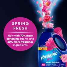 Fabric softener bottle with Spring Fresh scent, blue liquid and pink floral spray