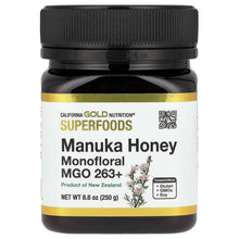 Manuka honey jar with black lid; Monofloral MGO 263+ front label.