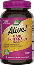 Hair, Skin & Nails gummy supplement bottle with purple cap; strawberry label