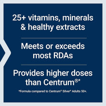 Multivitamin info panel reading “25+ vitamins, minerals & healthy extracts”.
