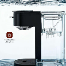 Black drip coffee maker with open water reservoir and filter area