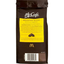 McCafe ground coffee bag, back label with yellow info panel and barcode