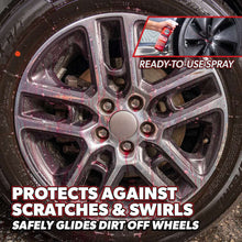 Wheel cleaning spray on an alloy wheel with spokes and tire edge