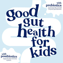 Nutrition shake label with “good gut health for kids” text and prebiotics callout