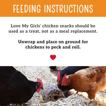 Chicken peck'n roll feeding instructions card, with hens pecking on ground