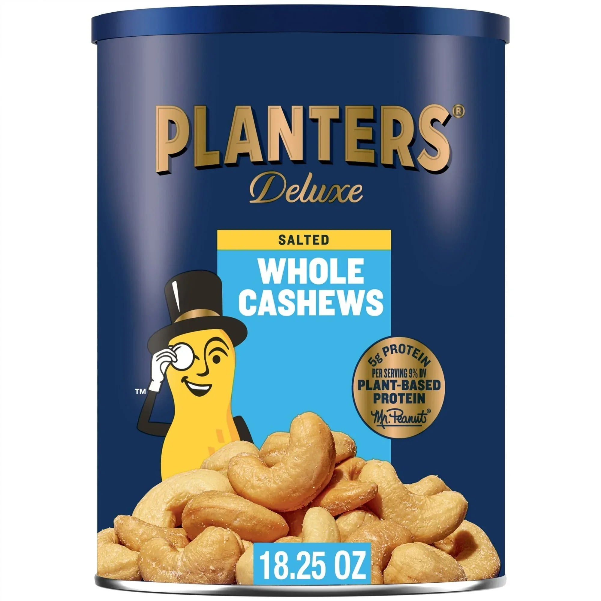PLANTERS Deluxe Salted Whole Cashews, Party Snacks, Plant Based Protein, 18.25 oz Steel Can