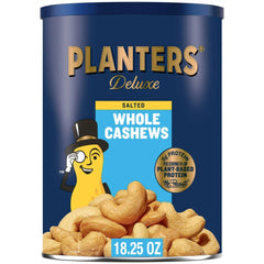 PLANTERS Deluxe Salted Whole Cashews, Party Snacks, Plant Based Protein, 18.25 oz Steel Can