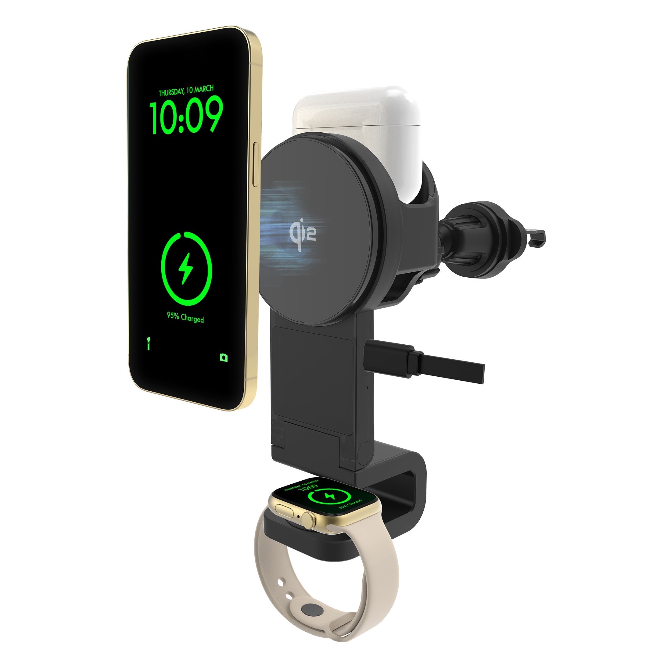3-in-1 Magcharge Car Mount With Wireless Charging for Phone, Airpods and iWatch