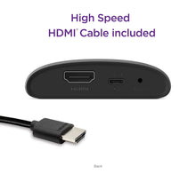 Black media player back with HDMI port and included high-speed HDMI cable