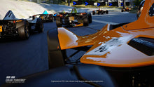 Gran Turismo 7 PS4 racing scene with orange and black open-wheel cars on track