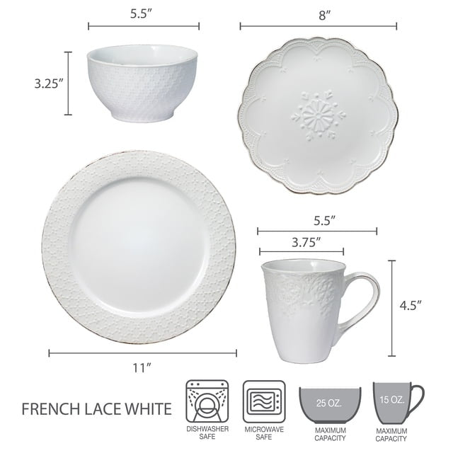 Pfaltzgraff French Lace 16 Piece Stoneware Dinnerware Set White