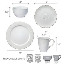 White stoneware cup and bowl with embossed lace texture, plus scalloped plate
